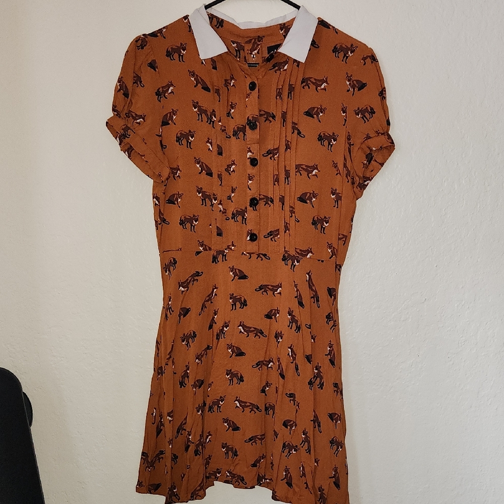 Hell Bunny Rust Fox Print Mini Dress with White Collar